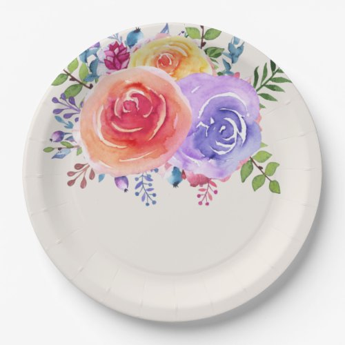 Colorful Roses Watercolor Floral Paper Plates