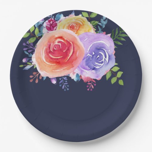 Colorful Roses Watercolor Floral Paper Plates