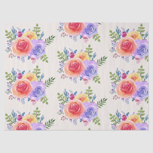 Colorful Roses Watercolor Floral Pattern Tissue Paper (Front)