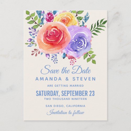 Colorful Roses Watercolor Floral Save the Date Postcard