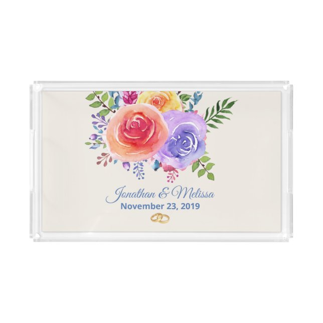 Colorful Roses Watercolor Floral Wedding Acrylic Tray (Front)