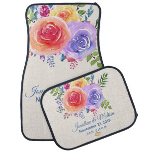 Colorful Roses Watercolor Floral Wedding Car Floor Mat