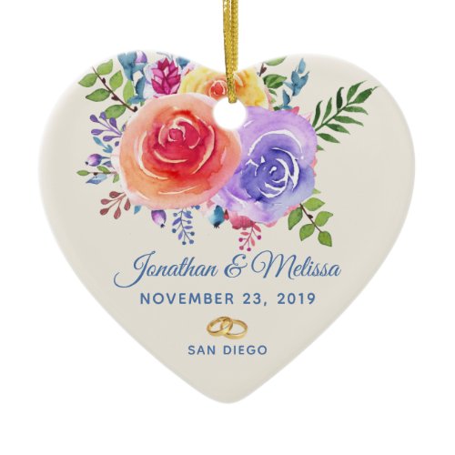Colorful Roses Watercolor Floral Wedding Ceramic Ornament