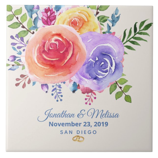 Colorful Roses Watercolor Floral Wedding Ceramic Tile (Front)