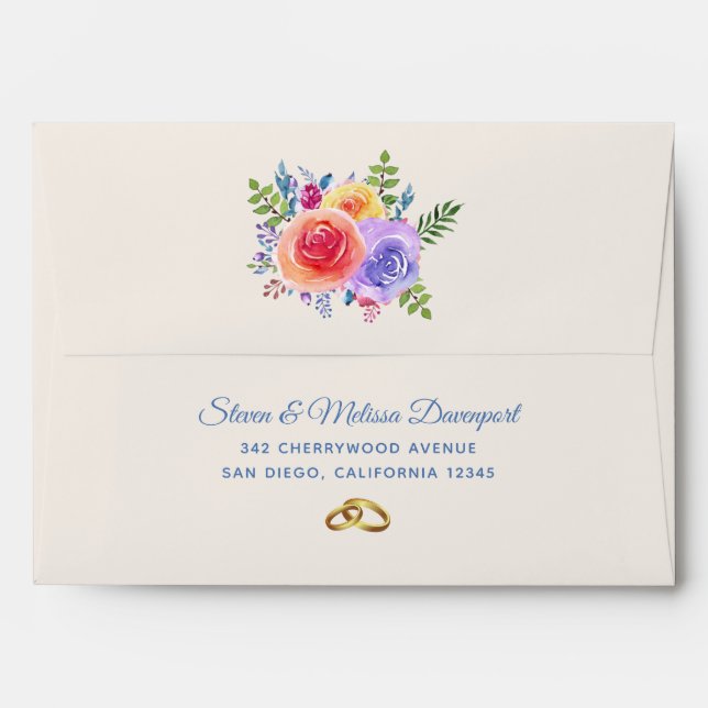 Colorful Roses Watercolor Floral Wedding Envelope (Back (Top Flap))