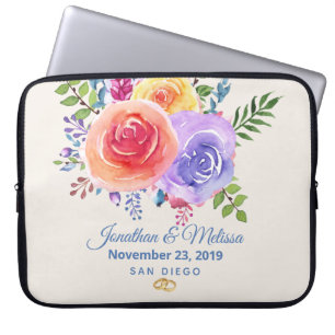 Colorful Roses Watercolor Floral Wedding Laptop Sleeve