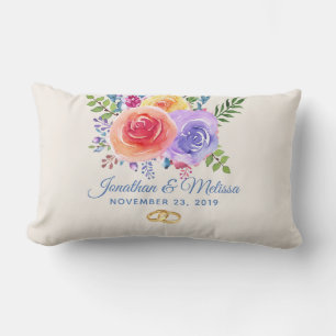 Colorful Roses Watercolor Floral Wedding Lumbar Pillow