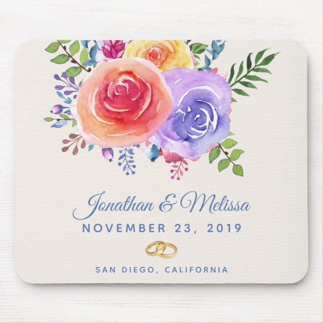 Colorful Roses Watercolor Floral Wedding Mouse Pad (Front)