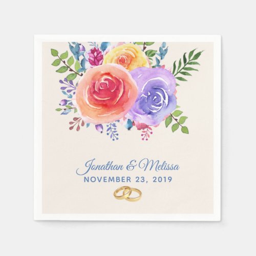 Colorful Roses Watercolor Floral Wedding Napkins