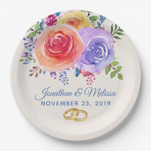 Colorful Roses Watercolor Floral Wedding Paper Plates