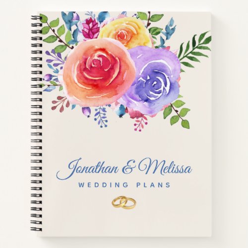 Colorful Roses Watercolor Floral Wedding Plans Notebook