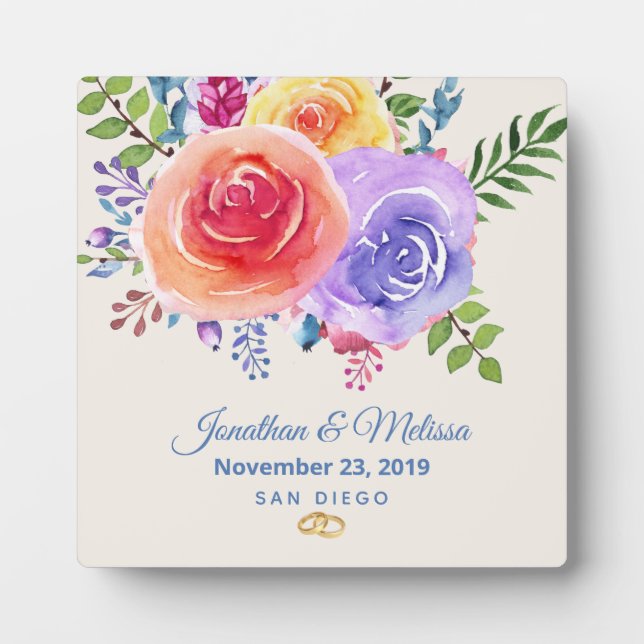 Colorful Roses Watercolor Floral Wedding Plaque (Front)