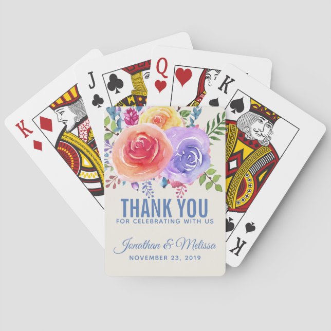 Colorful Roses Watercolor Floral Wedding Poker Cards (Back)