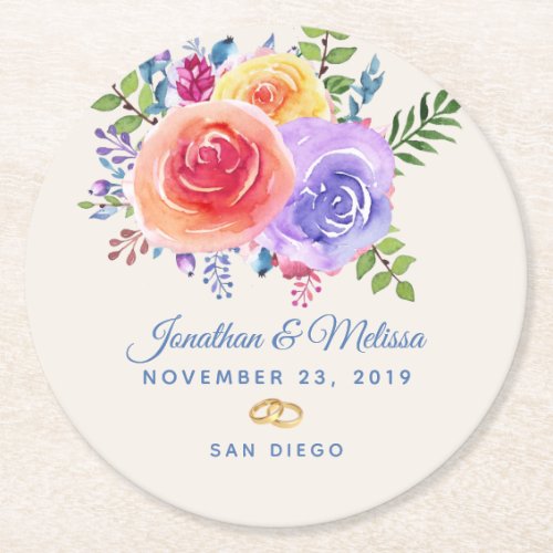 Colorful Roses Watercolor Floral Wedding Round Paper Coaster