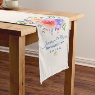 Colorful Roses Watercolor Floral Wedding Short Table Runner