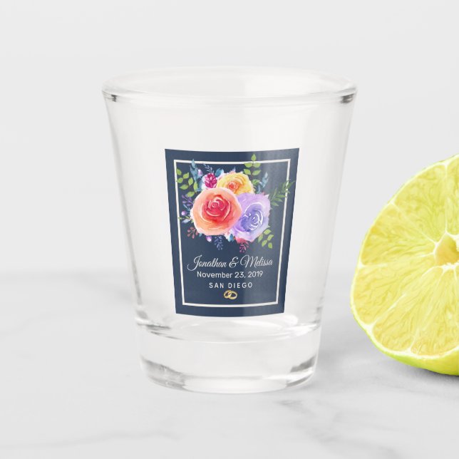 Colorful Roses Watercolor Floral Wedding Shot Glass (Front)