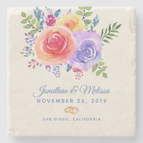 Colorful Roses Watercolor Floral Wedding Stone Coaster