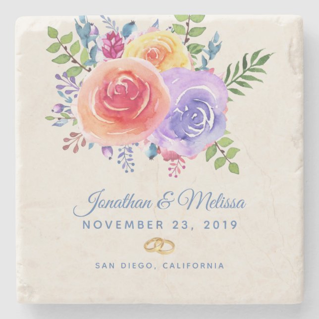 Colorful Roses Watercolor Floral Wedding Stone Coaster (Front)