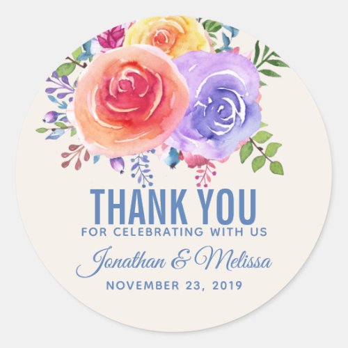 Colorful Roses Watercolor Floral Wedding Thank You Classic Round Sticker