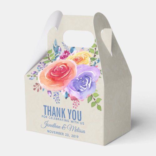 Colorful Roses Watercolor Floral Wedding Thank You Favor Boxes