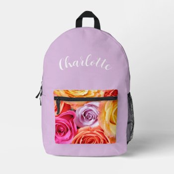 Colorful Roses With Name Printed Backpack by CarriesCamera at Zazzle