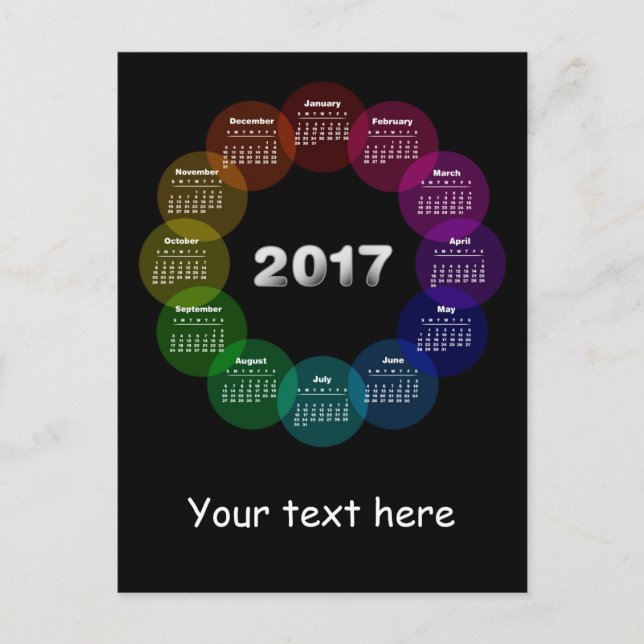 Colorful round calendar for 2017 postcard (Front)