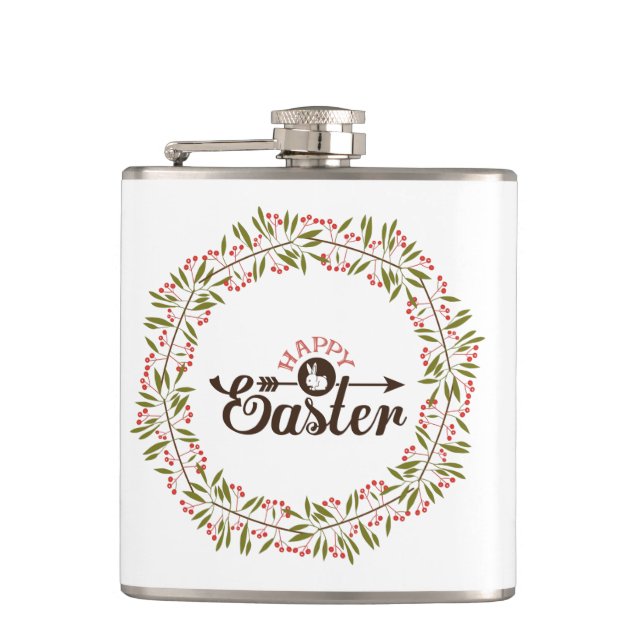 Colorful Round Floral Wreath With Bunny Hip Flask (Front)