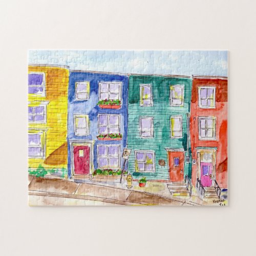 Colorful Row Houses Watercolor Illustration Art Jigsaw Puzzle