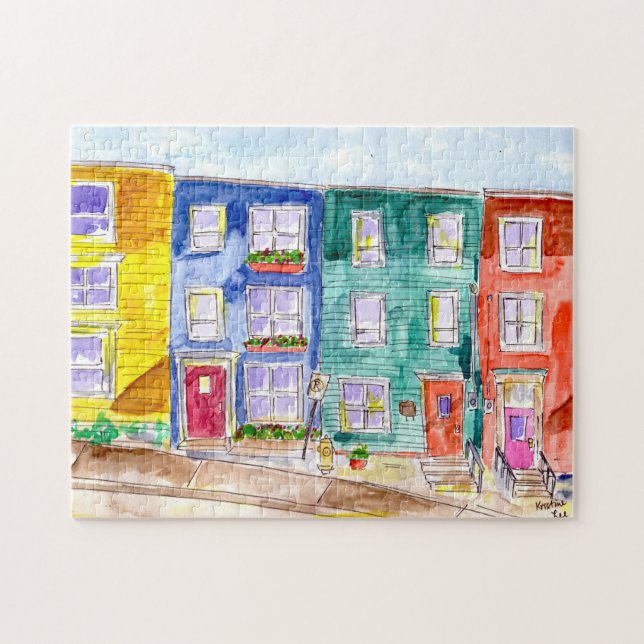 Colorful Row Houses Watercolor Illustration Art Jigsaw Puzzle (Horizontal)