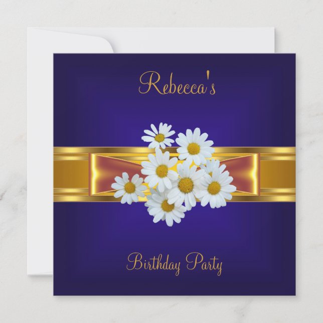 Colorful Royal Blue White Flower Yellow Gold Bow Invitation (Front)