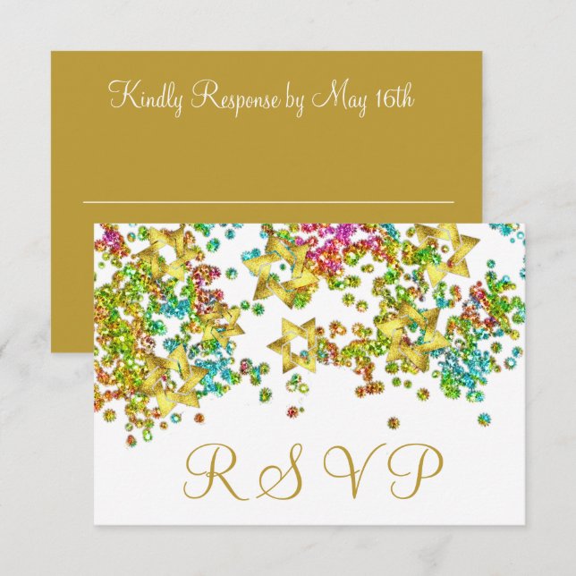 Colorful RSVP Gold Star Glittery Confetti Card (Front/Back)