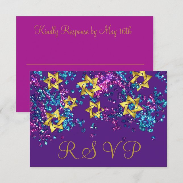 Colorful RSVP Gold Star Glittery Confetti Card (Front/Back)