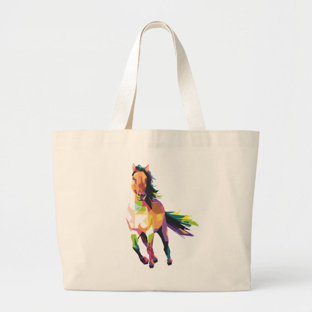Colorful Running Horse Stallion Equestrian Large Tote Bag (Front)