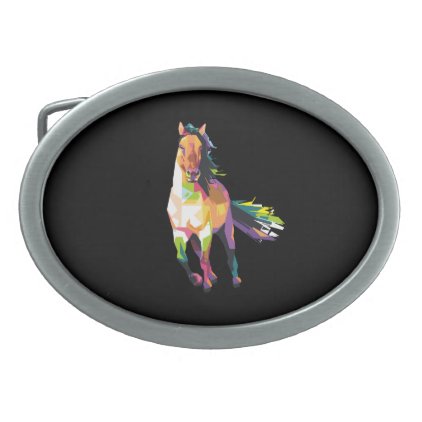 Colorful Running Horse Stallion Equestrian Oval Belt Buckle