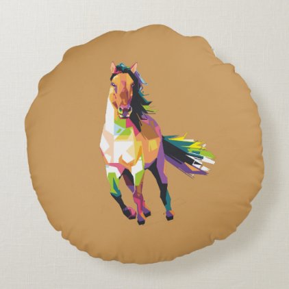Colorful Running Horse Stallion Equestrian Round Pillow