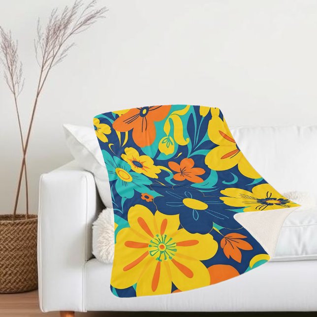 Colorful Rush Blooms-Dopamine Style-Retro Flowers Sherpa Blanket (Color Rush Blooms –Dopamine Style- Sherpa Blanket)