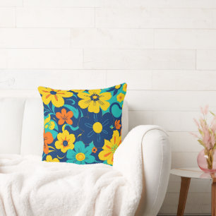 Colorful Rush Blooms-Dopamine Style-Retro Flowers Throw Pillow