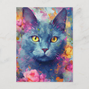 Colorful Russian Blue cat Postcard