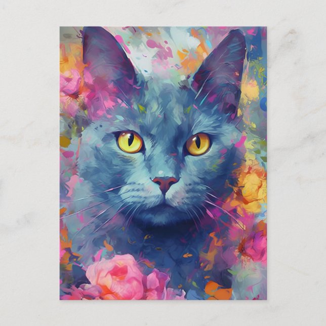 Colorful Russian Blue cat Postcard (Front)