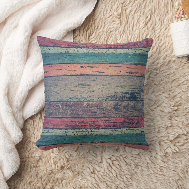 Colorful Rustic Beach Wood Throw Pillow (Blanket)