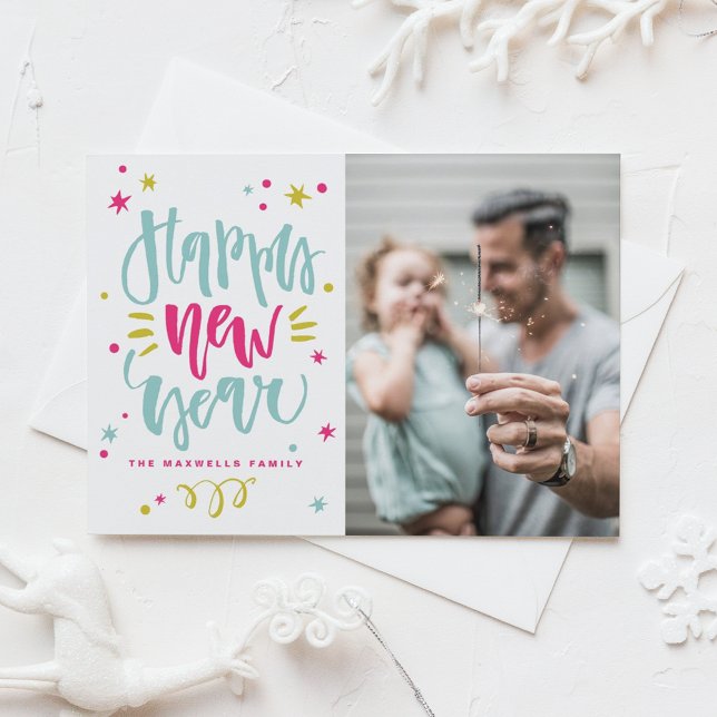 Colorful Rustic Calligraphy Photo Happy New Year Holiday Card (Colorful Rustic Calligraphy Photo Happy New Year Holiday Card)