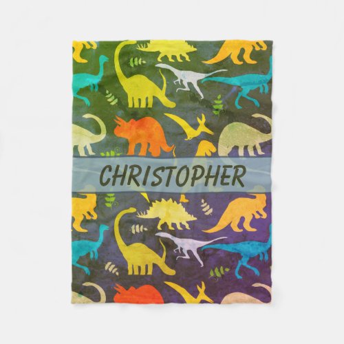 Colorful Rustic Dinosaurs Personalized Fleece Blanket