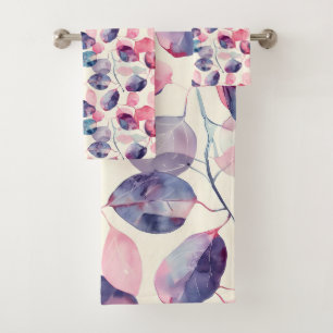Colorful Rustic Eucalyptus Watercolor Leaves Bath Towel Set