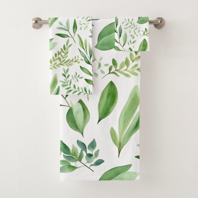   Colorful Rustic Eucalyptus Watercolor Leaves  Bath Towel Set (Insitu)