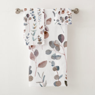 Colorful Rustic Eucalyptus Watercolor Leaves   Bath Towel Set