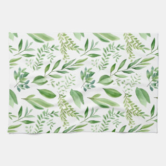 Colorful Rustic Eucalyptus Watercolor Leaves Kitchen Towel