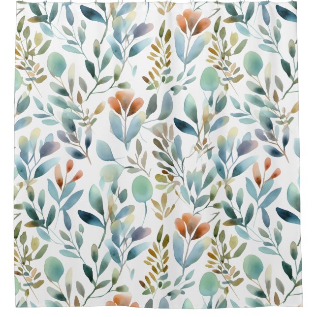   Colorful Rustic Eucalyptus Watercolor Leaves  Shower Curtain (Front)
