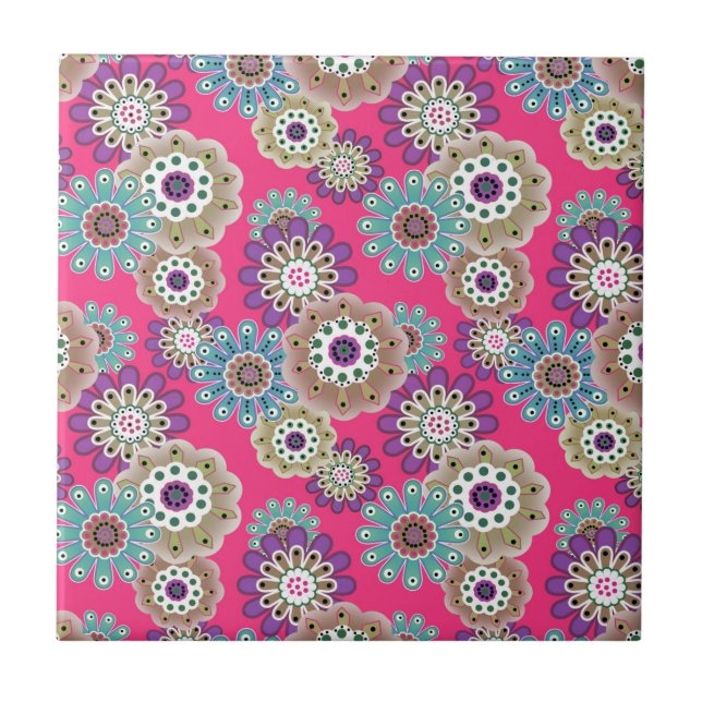 Colorful rustic floral pattern retro  ceramic tile (Front)