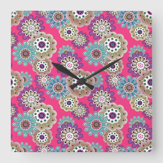 Colorful rustic floral pattern retro  square wall clock (Front)