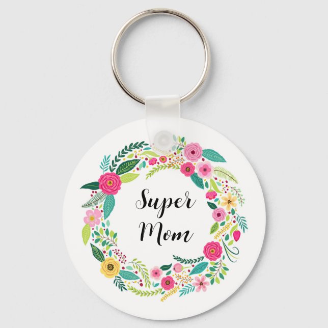 Colorful Rustic Floral Wreath Keychain (Front)